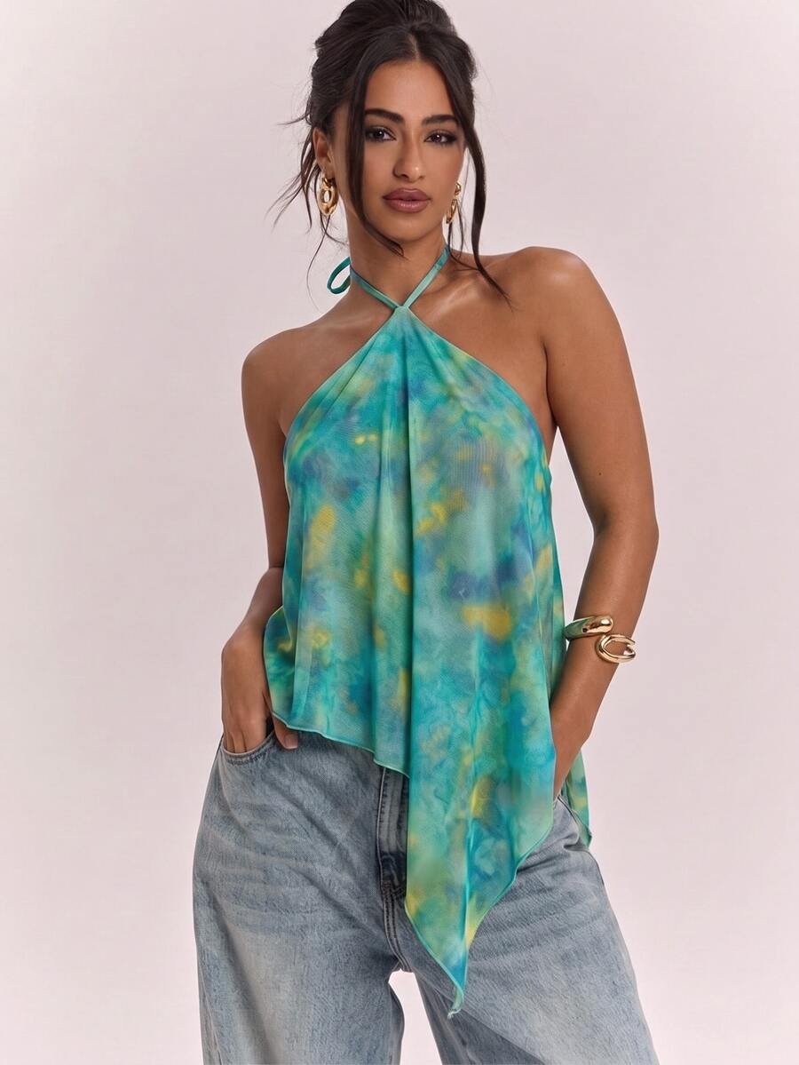 SHEIN BAE Top de tirantes con cuello halter y dobladillo asimétrico para mujer, estilo casual minimalista bohemio elegante romántico vintage con estampado, atuendo para ir al trabajo, festival de música, playa, vacaciones, atuendo de verano para mujer - Multicolor - Ver 1