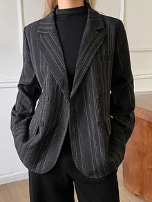Livesso Jaket Blazer Wanita Lengan Panjang Bergaris dengan Kancing untuk Kantor di Musim Gugur - Hitam - View 4
