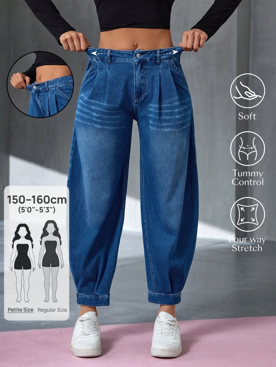 Flexra Petite Women's Pleated Design Tapered Casual Versatile Denim Long Pants - Dark Wash - View 1