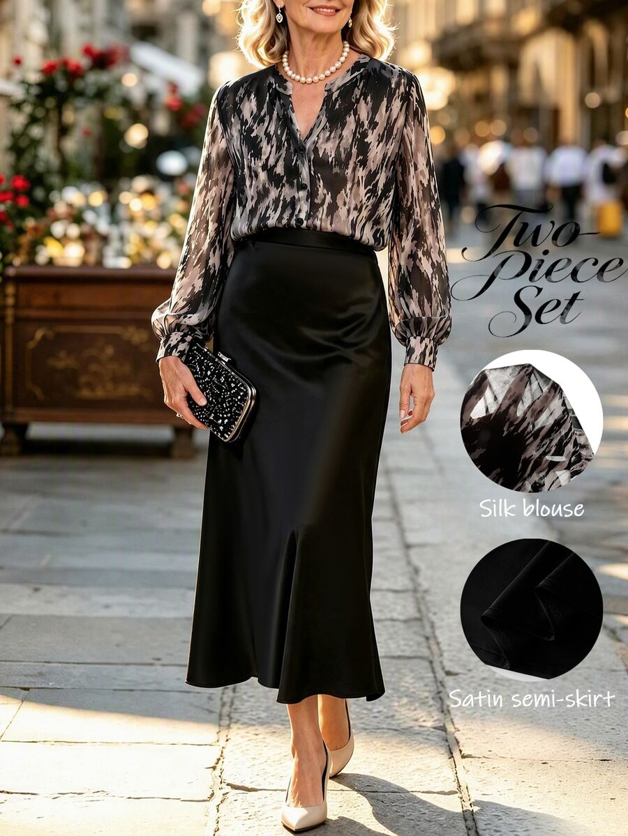 EMERY ROSE Setelan 2 Potong Wanita: Kemeja Longgar dan Rok Hitam, Cocok untuk Pesta Makan Malam, Warna Beige, Elegan untuk Musim Gugur. - MultiWarna - View 1