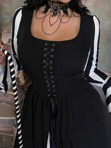 Lyrianda Dark Striped Colorblock Fashion Gothic Palace Style Halloween Plus Size Dress Fall - Black and White - View 7