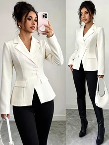 Glyssa Women's Solid Color Lapel NeckLong Sleeve Frog Button Design Elegant Blazer - Apricot - View 4