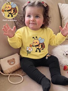 SHEIN Babygirl Cute Casual Knit Cartoon Pattern Sweatshirt & Elastic Waist Long Pants 4pcs Set - Pink - View 4