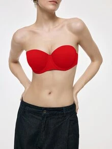SHEIN 亮紅色鋼圈模杯聚攏托高巴肯內式內衣，高支撐防滑無肩帶隱形舒適女款胸罩 - 紅色 - 查看 3