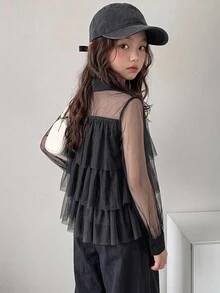 Dazy Kids 少女時尚分層網紗設計鈕扣上衣，適合日常穿著 - 黑色 - 查看 1