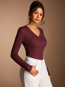 SHEIN BASICS 女款純色修身百搭日常長袖T恤 - 酒紅色 - 查看 6
