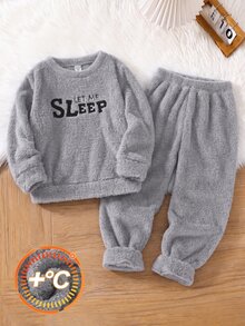 SHEIN 兒童男童休閒舒適字母刺繡圖案睡衣家居服長袖長褲套裝 2 件組，適合秋冬 - 淺灰色 - 查看 5