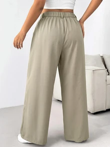 SHEIN EZwear Plus Size Women's Solid Color Simple Business Pants Graduation, - Khaki - View 2