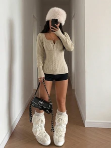 StreetHx Petite Women's Solid Color Autumn/Winter Ribbed U-Neck Button Casual Sexy Long Sleeve Sweater Top Going Out Party Khaki - Apricot - View 6