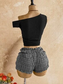 Soleia Women's Solid Color Asymmetric Neck Top And Shorts Casual Daily 2-Piece Set - Black - View 2