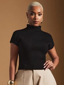 Vixey Solid Color Stand Collar Short Sleeve Knit Top, Office Outfits, - Black - View 1