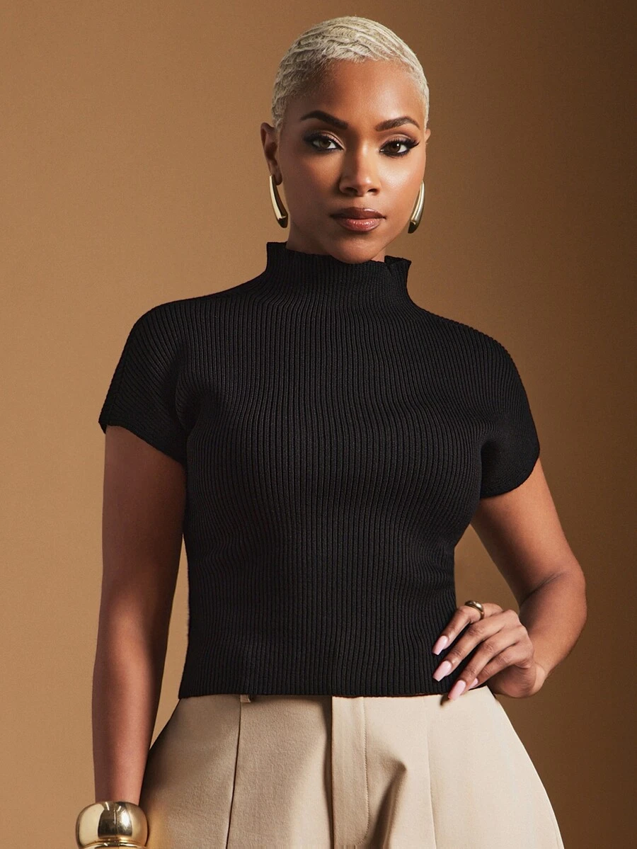Vixey Solid Color Stand Collar Short Sleeve Knit Top, Office Outfits, - Black - View 1