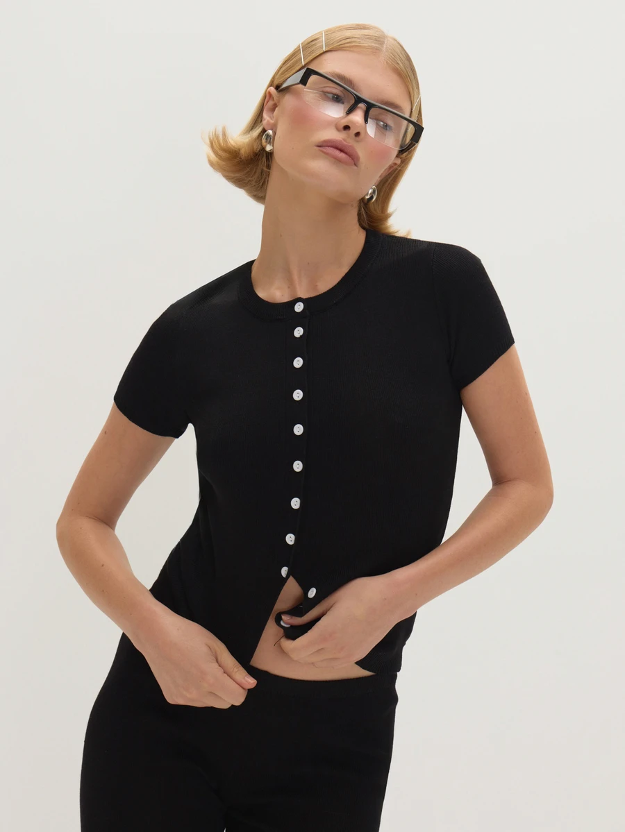 MUSEYN Black Knit Button Up Short Sleeve Fitted Top - Black - View 1