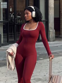 Rovax Women's Colorblock Backless Casual Daily Outdoor Sports Jumpsuit - Burgundy - View 3