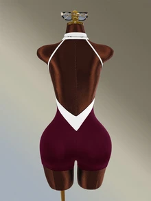 Amplova Women's Colorblock Backless Halter Neck Athletic Romper - Burgundy - View 9
