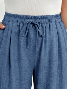 SHEIN Essnce 大尺碼女款純色休閒百搭日常穿搭短褲 - 藍色 - 查看 5
