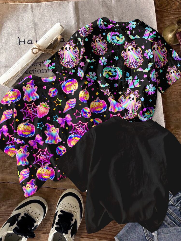 3 Random Piece, Young Girl Casual Cute Halloween Bow Ghost Pumpkin Floral Print, Simple Round Neck Short Sleeve Basic T-Shirt Suitable For Spring/Summer 3-Piece Set, Daily Commute, Date, Party, Autumn/Winter, Party, Beach, Graduation, Fashion, Casual, Outing - Multicolor - View 3