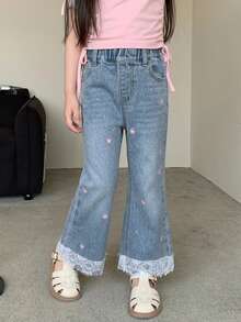 Dazy Kids Young Girls' Lace Patchwork Flared Washed Light Blue Denim Jeans Fall - Light Wash - View 4
