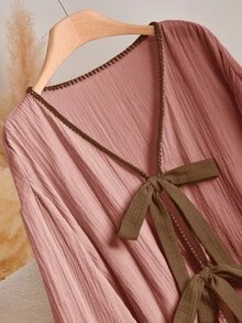 CosyJoli Plus Size Autumn Casual Lace-Up Shirt - Pink - View 3