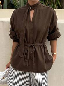 Livesso Women's Fashion Button Drawstring Tie Denim Top - Brown - View 4