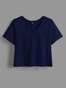 SHEIN BASICS 大尺碼純色V領短版T恤 女款夏季上衣 夏日穿搭 - 藏蓝色 - 查看 6