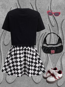 SHEIN HOT STUFF Tween Girl Cartoon Print Short Sleeve T-Shirt And Mini Skirt Set - Black - View 2