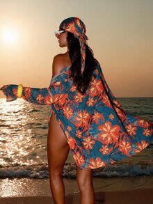 Swim SXY 女款 4 件組檸檬花朵隨機印花時尚夏季海灘度假比基尼套裝，含罩衫與頭巾 - 彩色 - 查看 2
