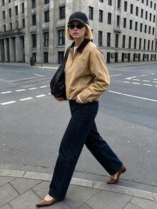 Struktiv Tan Washed Canvas Oversized Jacket Women Contrast Collar Zip Up Work Coat - Khaki - View 7