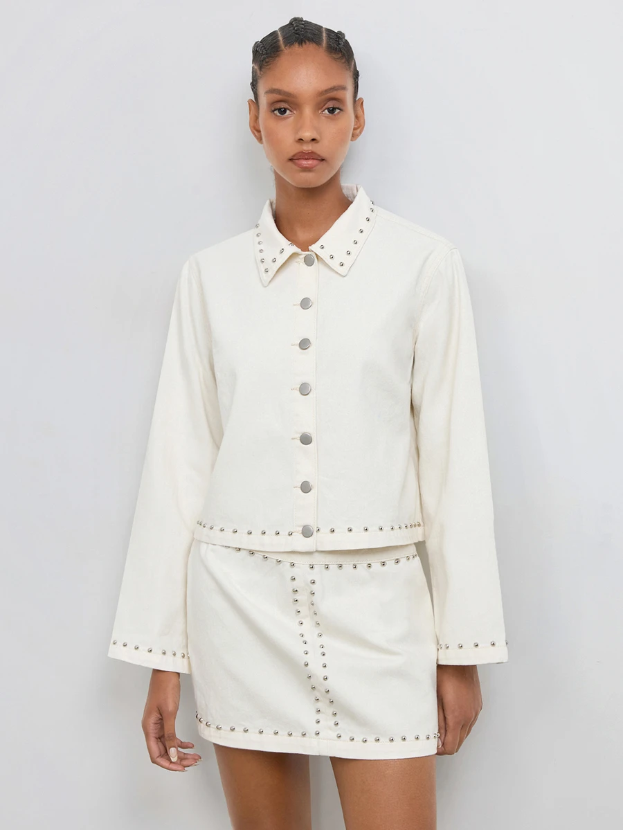 Maija Women's Long Sleeve Single-Breasted Jacket And Skirt Casual Denim Set - White - View 1
