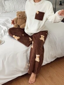 Napfluff Women's Casual Plush Teddy Bear Print Long Sleeve Pullover Pants Pajama Set - Multicolor - View 3
