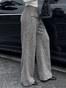 Livesso Women's Elegant Business Casual Wide Leg Loose Long Pants With Faux Pocket Design Fall Work Office Black And White - Dark Grey - View 6
