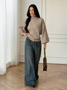 SHEIN PETITE Khaki Turtleneck Long-Sleeve Casual-Chic Commuter Sweater For Petite Women - Khaki - View 5