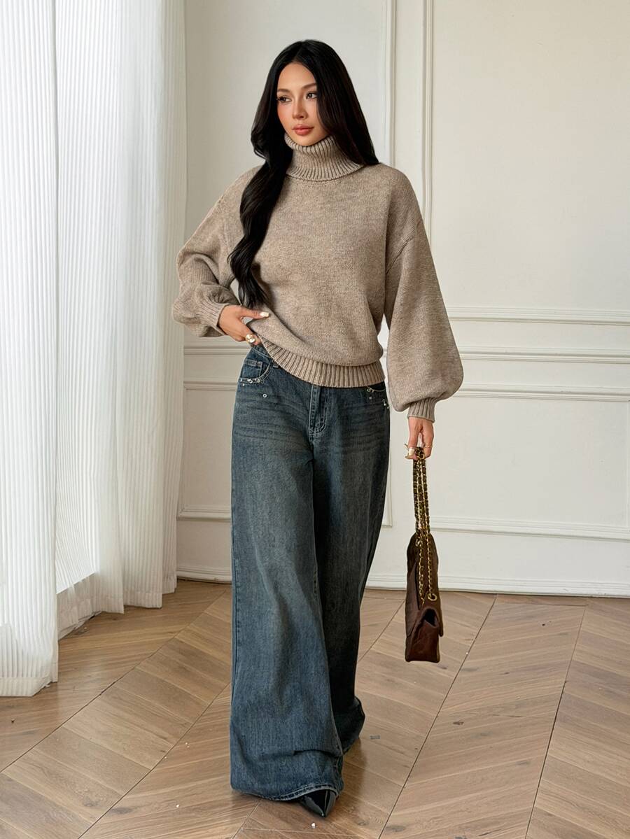 SHEIN PETITE 卡其色高領長袖休閒時尚通勤毛衣,適合嬌小女性 - 卡其色 - 查看 1