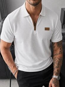 Manfinity Homme 男士夏季字母印花短袖 Polo 衫，街頭風，休閒 - 白色 - 查看 7