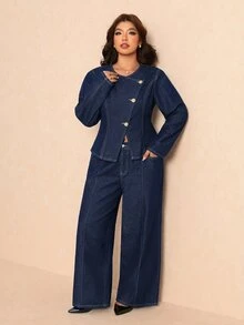 Elaquor Plus Size Autumn Casual Commute Jacket & Jeans 2 Pieces Set, Fall Winter Outfits For Women, Asymmetrical Denim Set, Office, Business, Commuter Set. - Blue - View 7