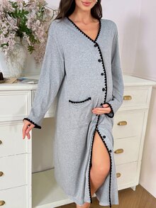 Moonlight&Mama Contrast Color Shell Trim Maternity Casual Sleep Dress - Grey - View 6