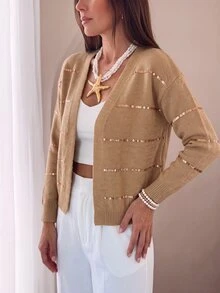 Selianne 秋冬新款休閒優雅卡其金亮片落肩長袖女款針織開襟衫，適合外出、通勤與辦公 - 卡其色 - 查看 4