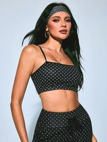 SHEIN Sovereign Charm 1pc + Regular Strap + Printed Basic Style/Black With White Dots + Sports Bra + Fitness/Yoga - Black and White - View 6