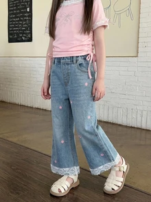 Dazy Kids Young Girls' Lace Patchwork Flared Washed Light Blue Denim Jeans Fall - Light Wash - View 7