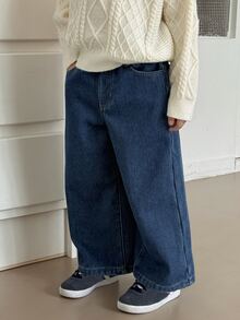 Dazy Kids Young Boys Loose Straight Leg Thermal Lined Long Pants Autumn/Winter Denim Washed Thick Jeans - Blue - View 1