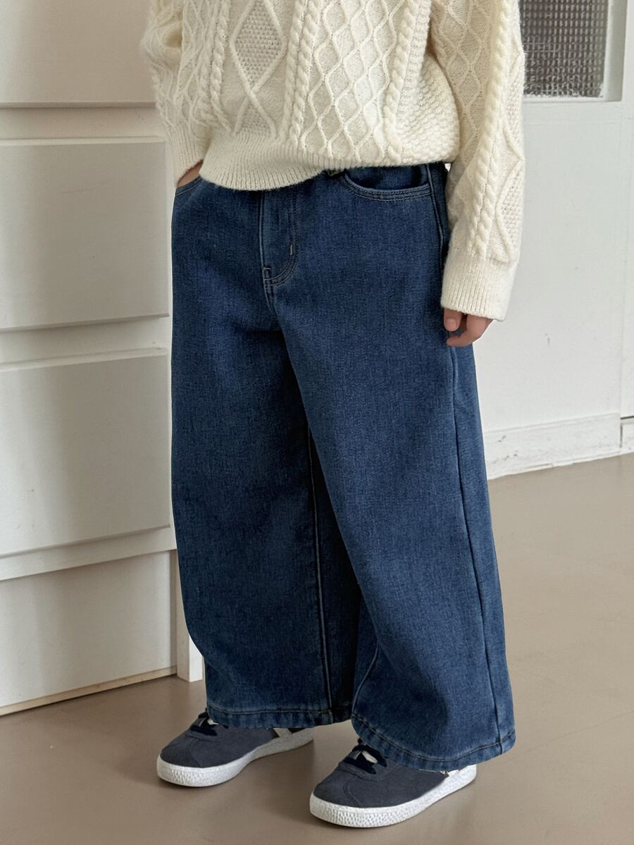 Dazy Kids Young Boys Loose Straight Leg Thermal Lined Long Pants Autumn/Winter Denim Washed Thick Jeans - Blue - View 1