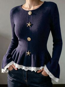 Seusyu Elegant French Fashion Ruffle Trim Gold Button Fitted Round Neck Long Sleeve Knit Lace Edge Starfish Sweater Top For Women Brunch Tea Party Fall - Royal Blue - View 4