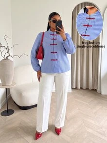 SOLERSUN Plus Size Women's Fashion Casual Shirt, Long Sleeve Lantern Sleeve Stand Collar Button-Up Chinese Style Red Frog Button Blouse, Blue Fine Striped Fabric, Suitable For Daily Wear, Holiday, Commuting - Blue - View 1