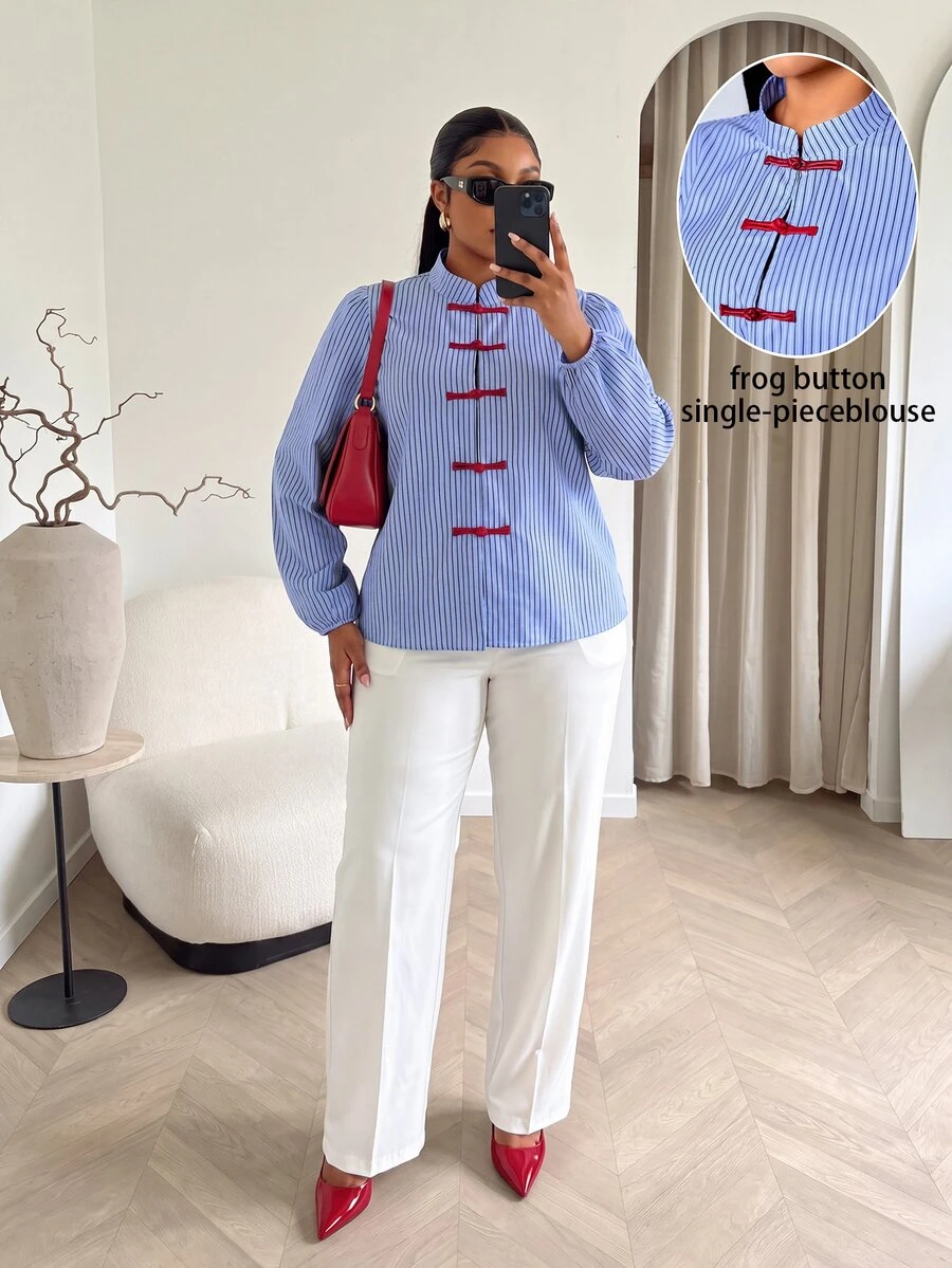 SOLERSUN Plus Size Women's Fashion Casual Shirt, Long Sleeve Lantern Sleeve Stand Collar Button-Up Chinese Style Red Frog Button Blouse, Blue Fine Striped Fabric, Suitable For Daily Wear, Holiday, Commuting - Blue - View 1