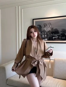 Vibekara Plus Size Asymmetrical Vintage Lapel Collar Short Trench Coat Jacket Fall - Brown - View 8