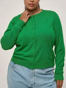 SHEIN BASICS Plain Casual Long Sleeve Plus Size Cardigan In Fall Winter Clothes - Green - View 1