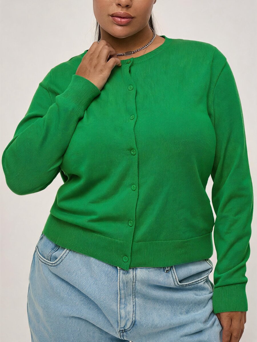 SHEIN BASICS Plain Casual Long Sleeve Plus Size Cardigan In Fall Winter Clothes - Green - View 1