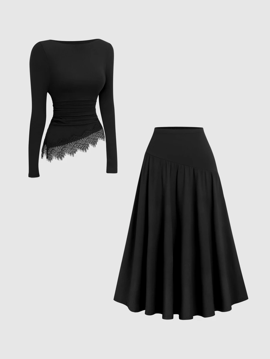 Sweetra Y2K Sexy Eyelash Trim Asymmetrical Hem Versatile Casual Commute Elegant Skirt 2 Pieces Set - Black - View 1