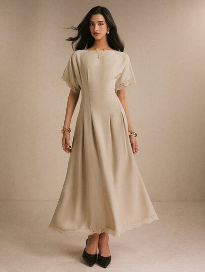 Poéselle Women's Lace Elegant Cinched Waist Long Dress,Casual Dresses,Country Dress,Vacation Outfits,,Elegant Dresses,Work Outfits,, Sexy Dress,Fall/Winter