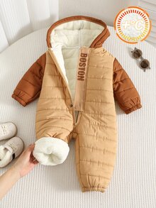 SHEIN 中性新生兒嬰兒男/女童、幼兒秋冬保暖內裡加厚可愛拼色連帽連身雪衣，冬季連身褲 - 棕色 - 查看 1